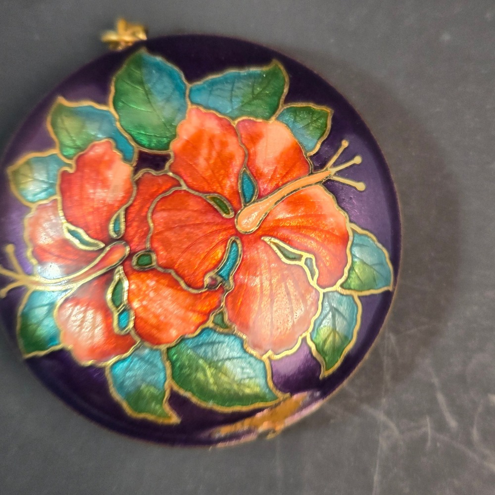 Vintage Cloisonne Enamel Hibiscus Flower Pendant Purple Orange Tropical Floral - Picture 5 of 8